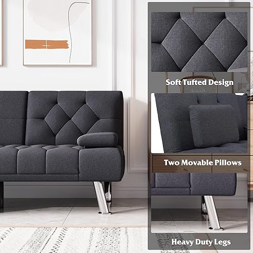 Miniatura 6 de HIFIT Sofá cama futón, sofá cama plegable tapizado convertible con reposabrazos extraíbles, moderno sofá futón para sala de estar, dormitorio, 2