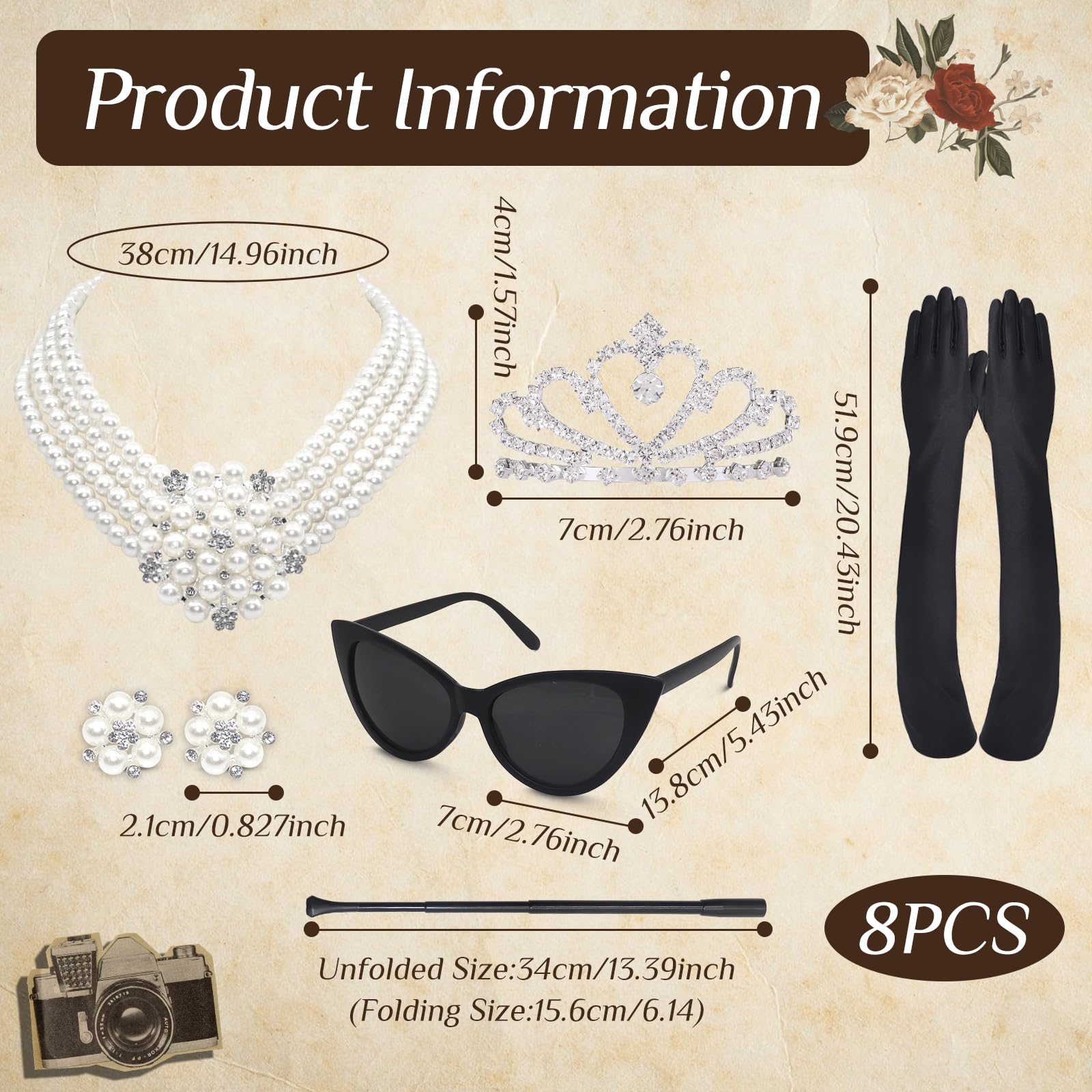 Oerphh 60s Retro Accessories, Fancy Dress Jewellery with Pearl Necklace Tiara Earrings Gloves Sunglasses Holder - Image 3