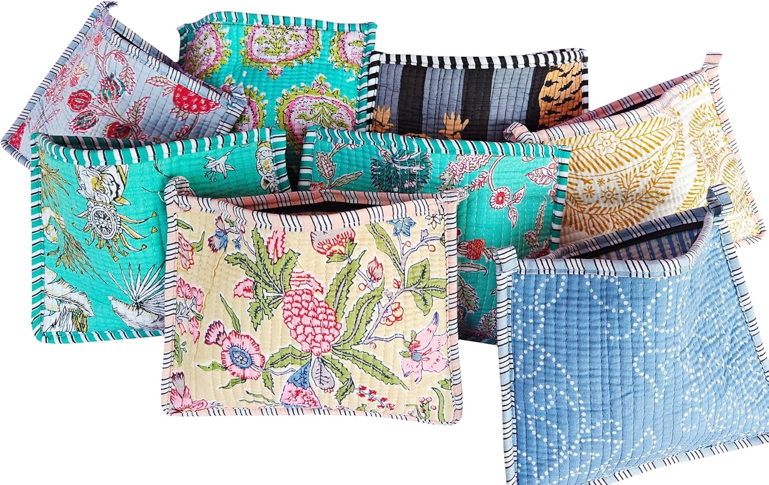 Copper Crafts Floral Print Quilted Cosmetic Pouches 8X6 Inches Unique Mix Assorted Cotton Multicolor Design 2Pcs Make Up Organizer Currency Bag Storage Bags with Zipper-image-30