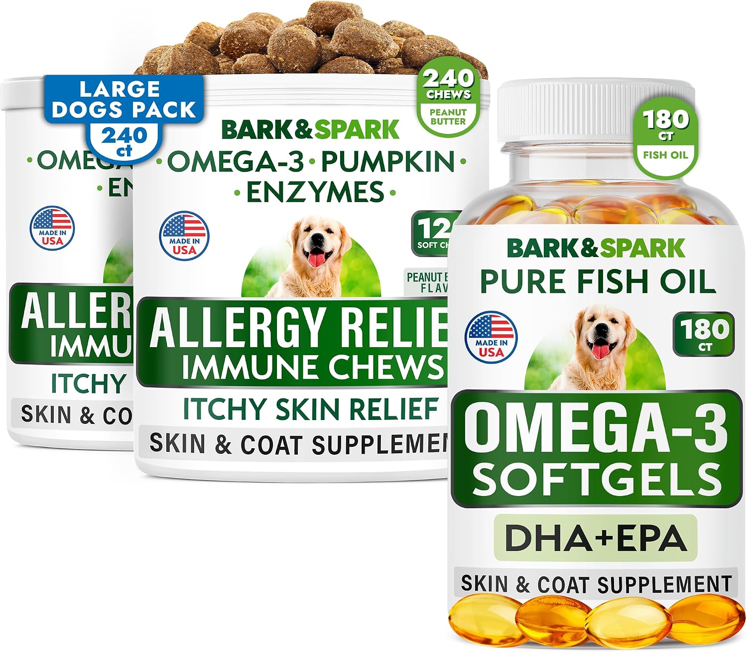 Allergy Relief + Omega 3 Bundle - Anti-Itch & Hot Spots + Skin Allergy - Omega 3 + Pumpkin + Enzymes - Immune Supplement + Joint Health - 420 Chews - Peanut Butter + Fish Flavor - Made in USA