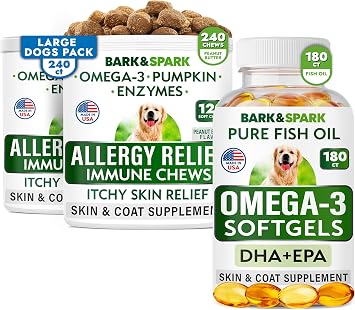 Allergy Relief + Omega 3 Bundle - Anti-Itch & Hot Spots + Skin Allergy - Omega 3 + Pumpkin + Enzymes - Immune Supplement + Joint Health - 420 Chews - Peanut Butter + Fish Flavor - Made in USA