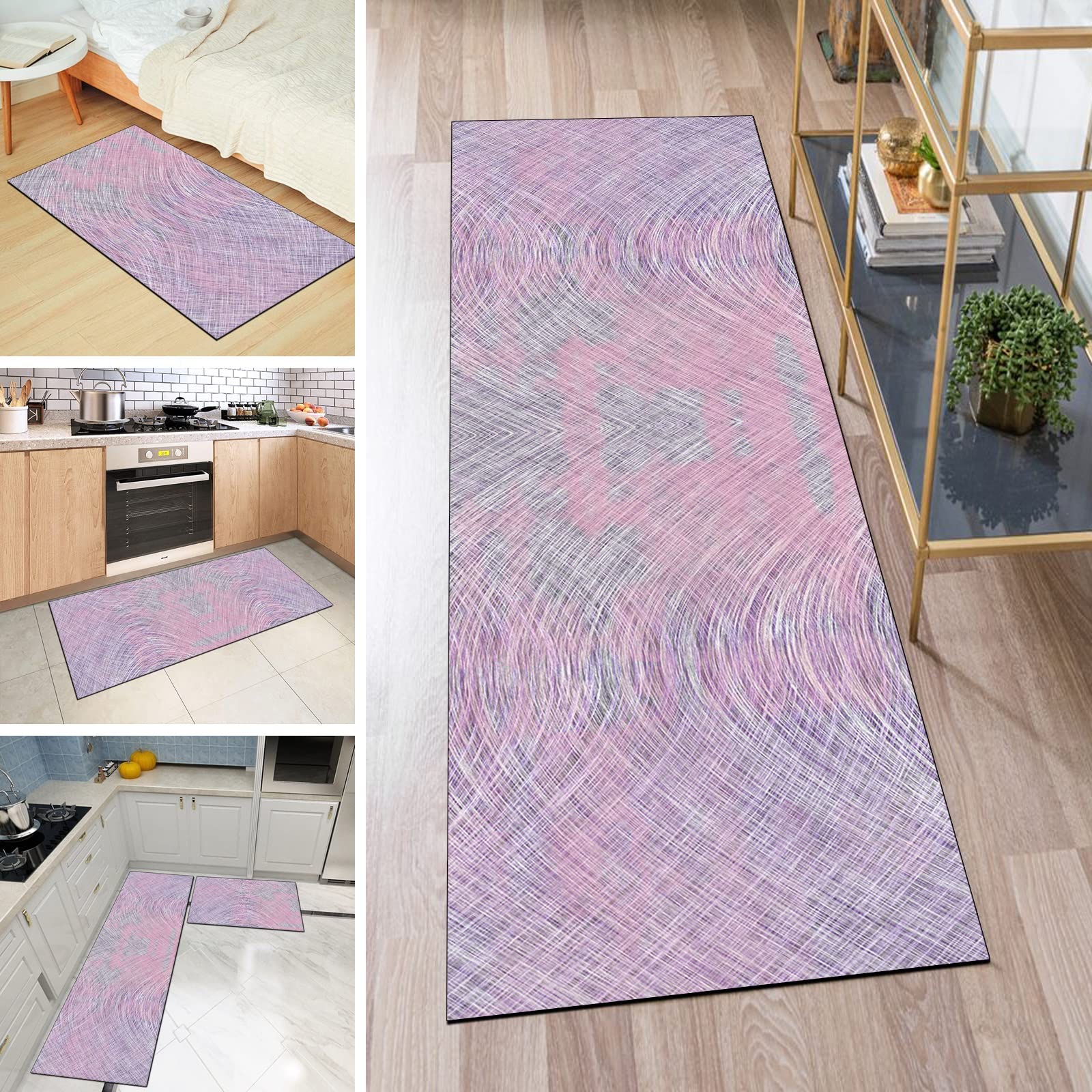 Alfombra larga para pasillo antideslizante y lavable en poliéster lila abstracto
