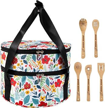 Qchengsan Insulated Casserole Carrier,Round Casserole Carriers for Hot or Cold Food with 5 Wooden Spoons,Double Decker Food Pie Cake Carrier Dish Carrying Case,Pioneer Woman Kitchen Stuff for Picnic