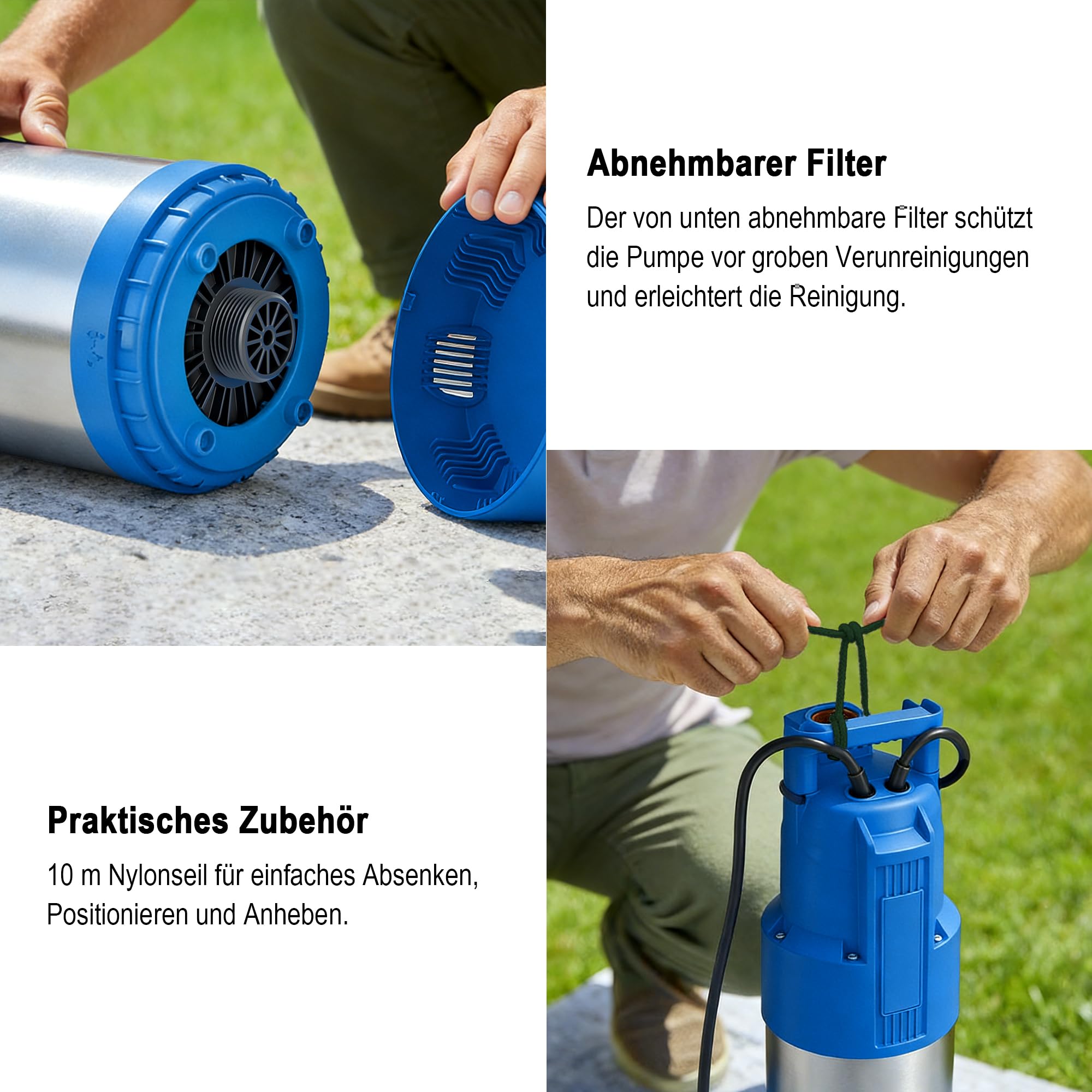 FOTING Tauch-Druckpumpe 4 inox, 1100W Tauchdruckpumpe mit 6800 l/h Fördermenge, Förderhöhe max. 47 m, Eintauchtiefe max. 7 m, integrierter Schwimmerschalter, für Schächte, Zisternen, Garten