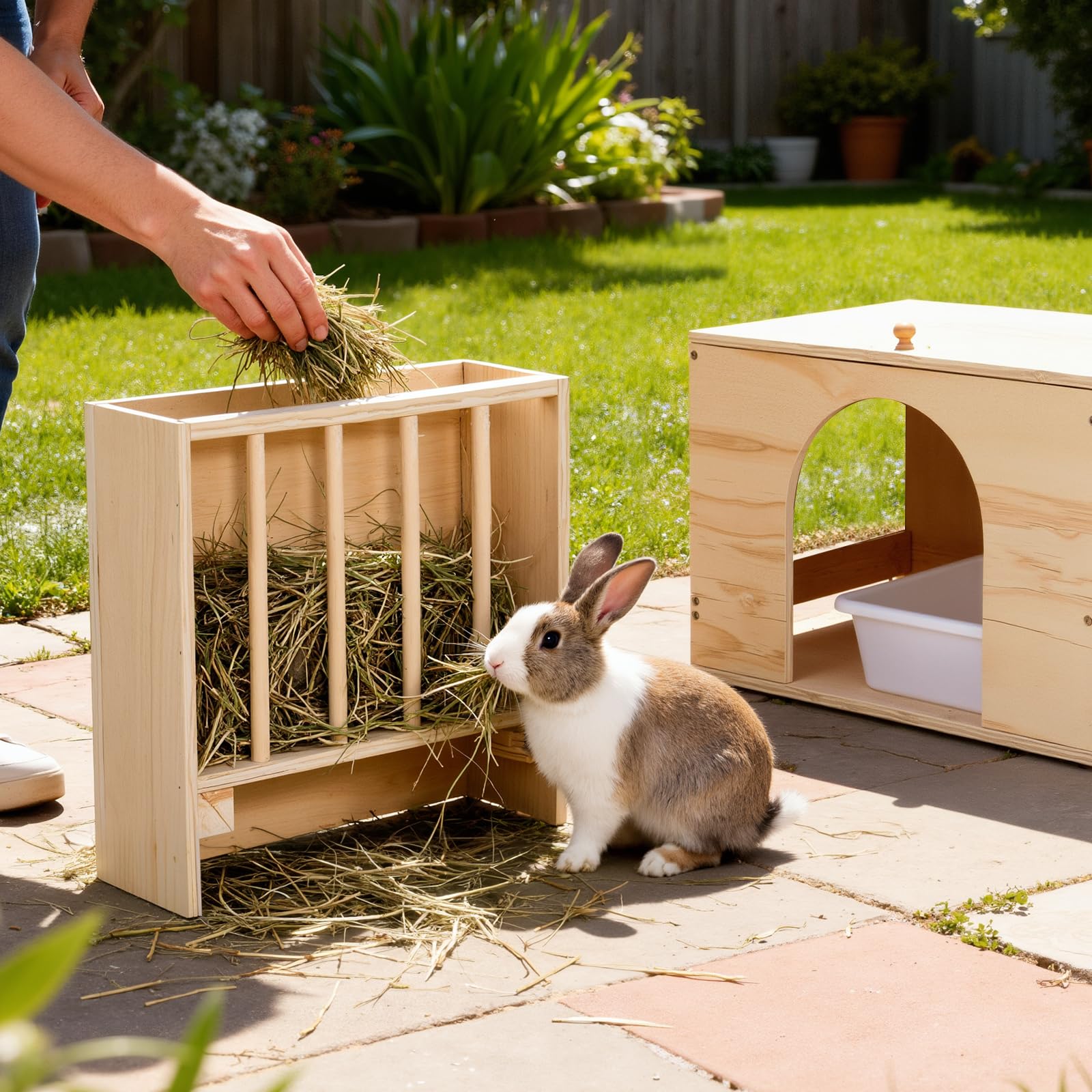 Râtelier à foin et maison 2 en 1 pour lapin