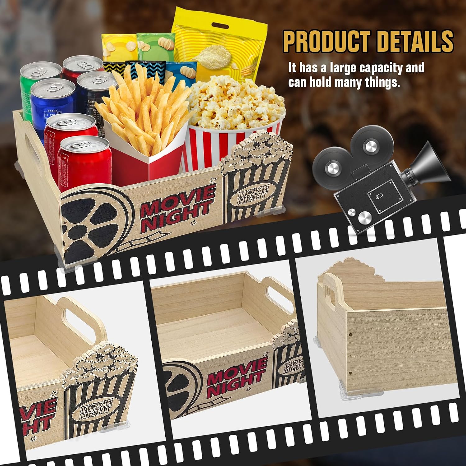 Movie Night Snack Trays, Wooden Snack Basket Organizer with Handles Reusable Popcorn Tray, Snack Party Box for Cinema Theme, Suitable for Movie Marathon with Family and Friends（Burlywood