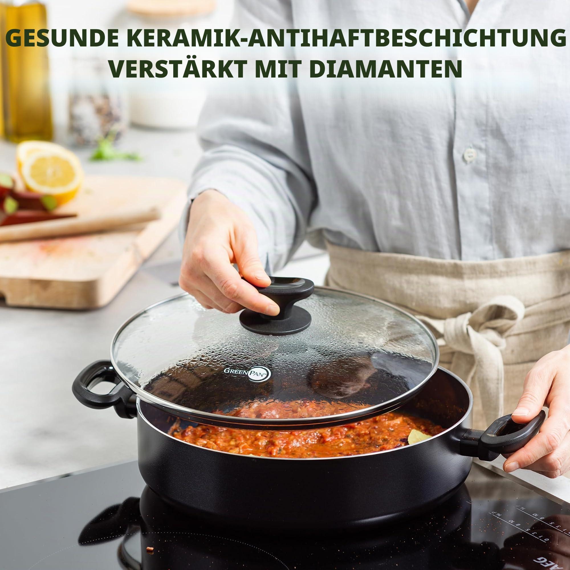 GreenPan Torino Gesunde antihaftbeschichtete Keramik 28cm/4,2 Liter Schmorpfanne mit Deckel, PFAS-frei, Induktion, Backofenfest bis 160°C, spülmaschinenfest, Schwarz