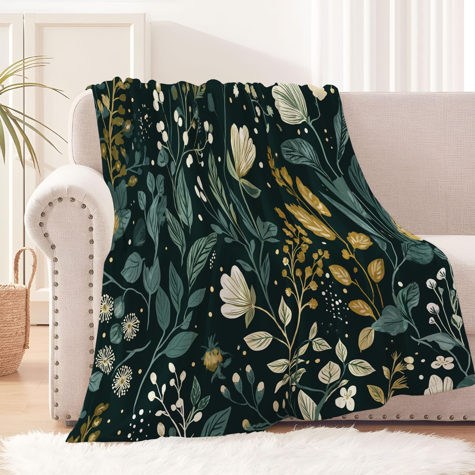 Couverture flanelle moelleuse impression 3D plantes élégantes