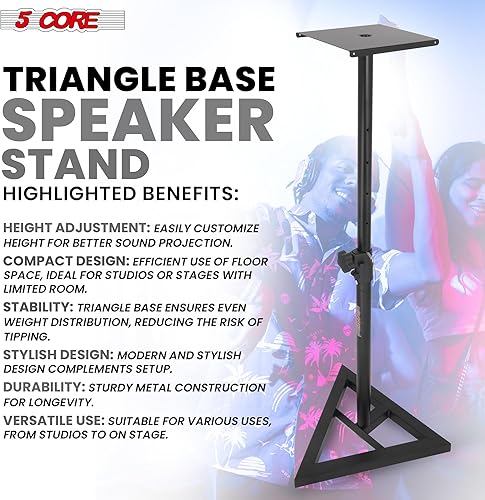Miniatura 2 de 5 Core Par de soporte de altavoz para monitor de estudio, base triangular de tres puntos, altura telescópica, ajustable, de 35 a 55 pulgadas,