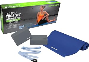 IBF Iron Body Fitness Beginner Yoga Set, 4-Piece Kit Includes Non-Slip Mat, 2 Yoga Blocks, Yoga Strap, and Instructional Posing Chart