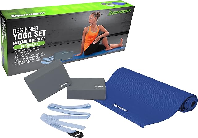 IBF Iron Body Fitness Beginner Yoga Set, 4-Piece Kit Includes Non-Slip Mat, 2 Yoga Blocks, Yoga Strap, and Instructional Posing Chart