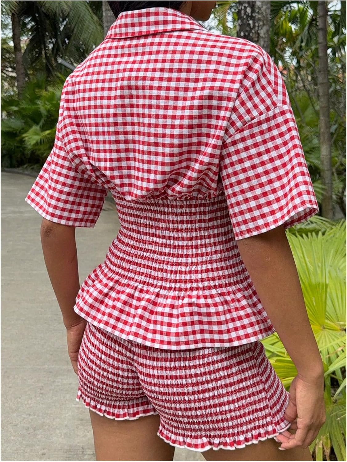 Milumia Women's 2 Piece Outfits Plaid Button Down Short Sleeve Smoked Top Shorts Matching Sets