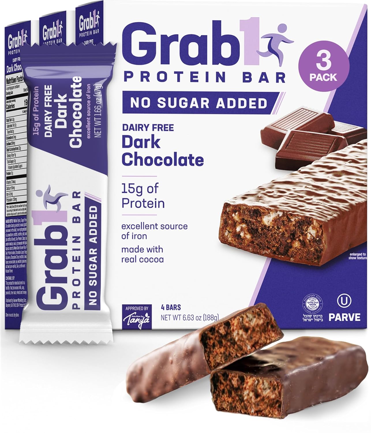Grab1 Sugar Free Protein Bars, Dairy Free Dark Chocolate, 12g Protein, 4g Fiber, 3 Pack