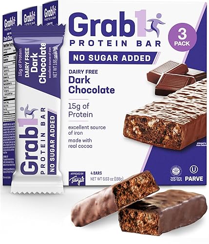 Grab1 Barras de proteína sin azúcar, chocolate negro sin lácteos (paquete de 3 = 12 barras) | 0.42 oz de proteína + 0.14 oz de fibra | Bajo en