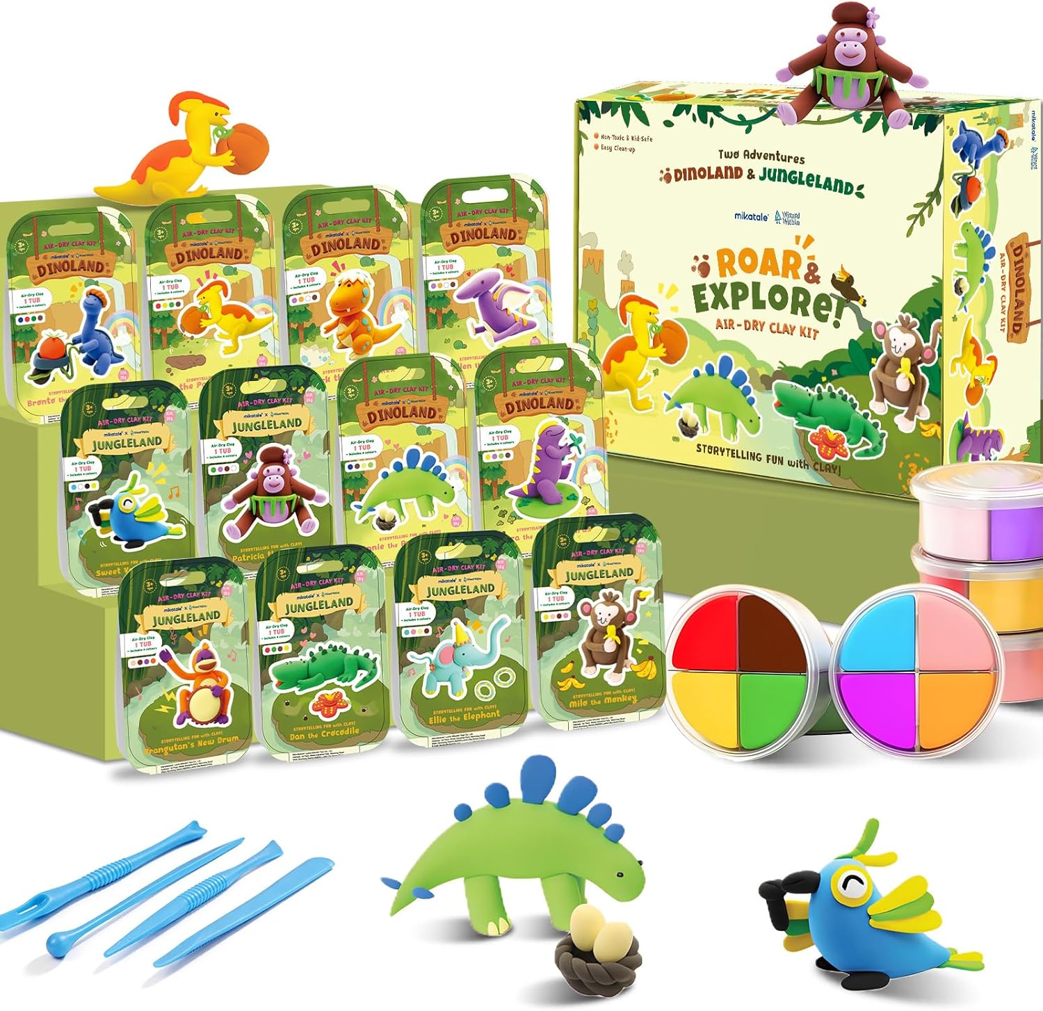 Air Dry Clay Kit for Kids -12 Dinosaur Theme Colored Clay Sculpting kit, Ultra Light DIY Model Magic Clay with Sculpting Tools and Tutorials, Soft & Non-Sticky, Arts and Crafts Gift for Kids