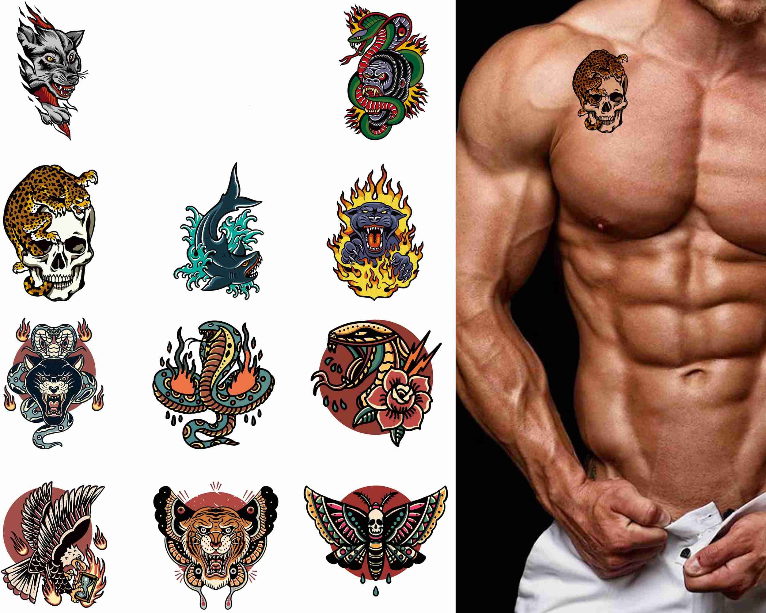 12 Sheets Temporary Tattoo Men Adults Snake Party Favors Body Face Sleeve Tiger Fake Tattoos