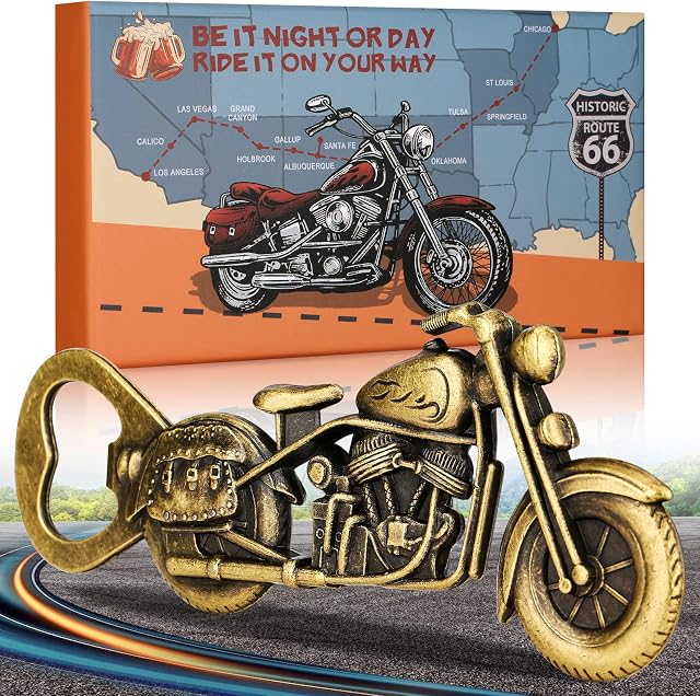 LULLEA Motorbike Gifts for Men, Motorcycle Bottle Opener, Funny Beer Gifts for Men Him Dad, Bronze Vintage Gadgets, Valentine's Day Gifts, with Gift Box&Card