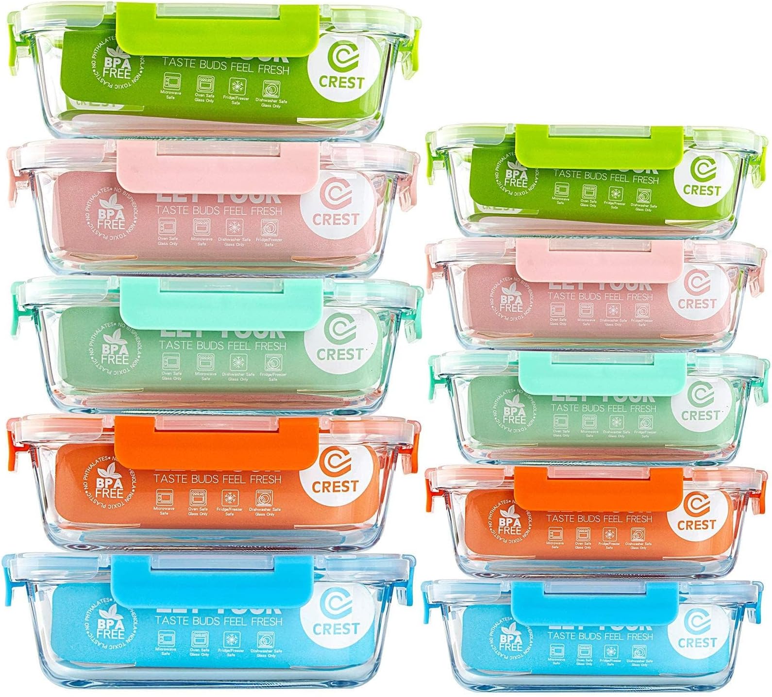 C CREST [10-Pack Glass Food Storage Containers (A Set of Five Colors), Meal Prep Containers with Lids for Kitchen, Home Use - Airtight Glass Lunch Boxes