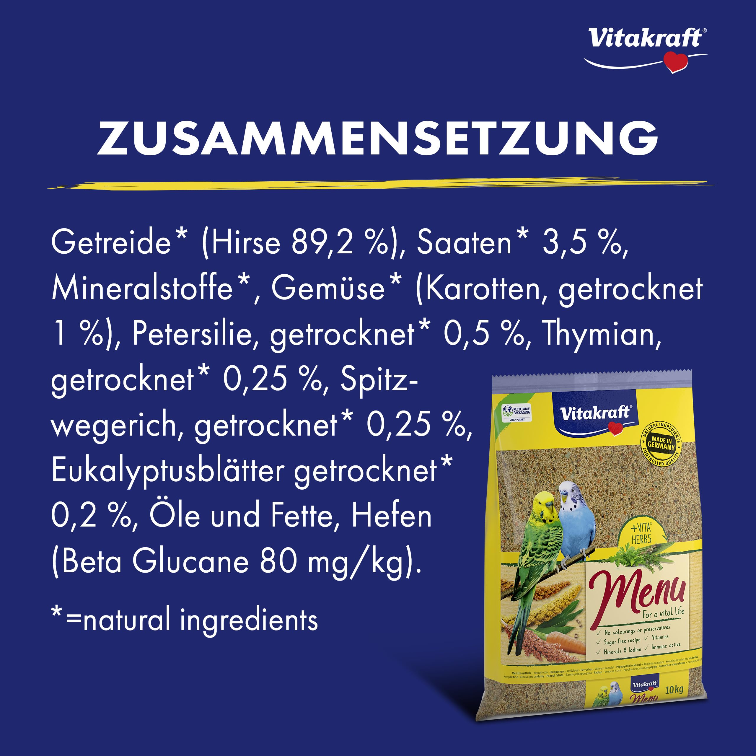 Vitakraft Menü 10kg, Hauptfutter für Sittiche, mit Vitaminen, mit Immun Aktiv Komplex und Kräutern (1x 10kg)