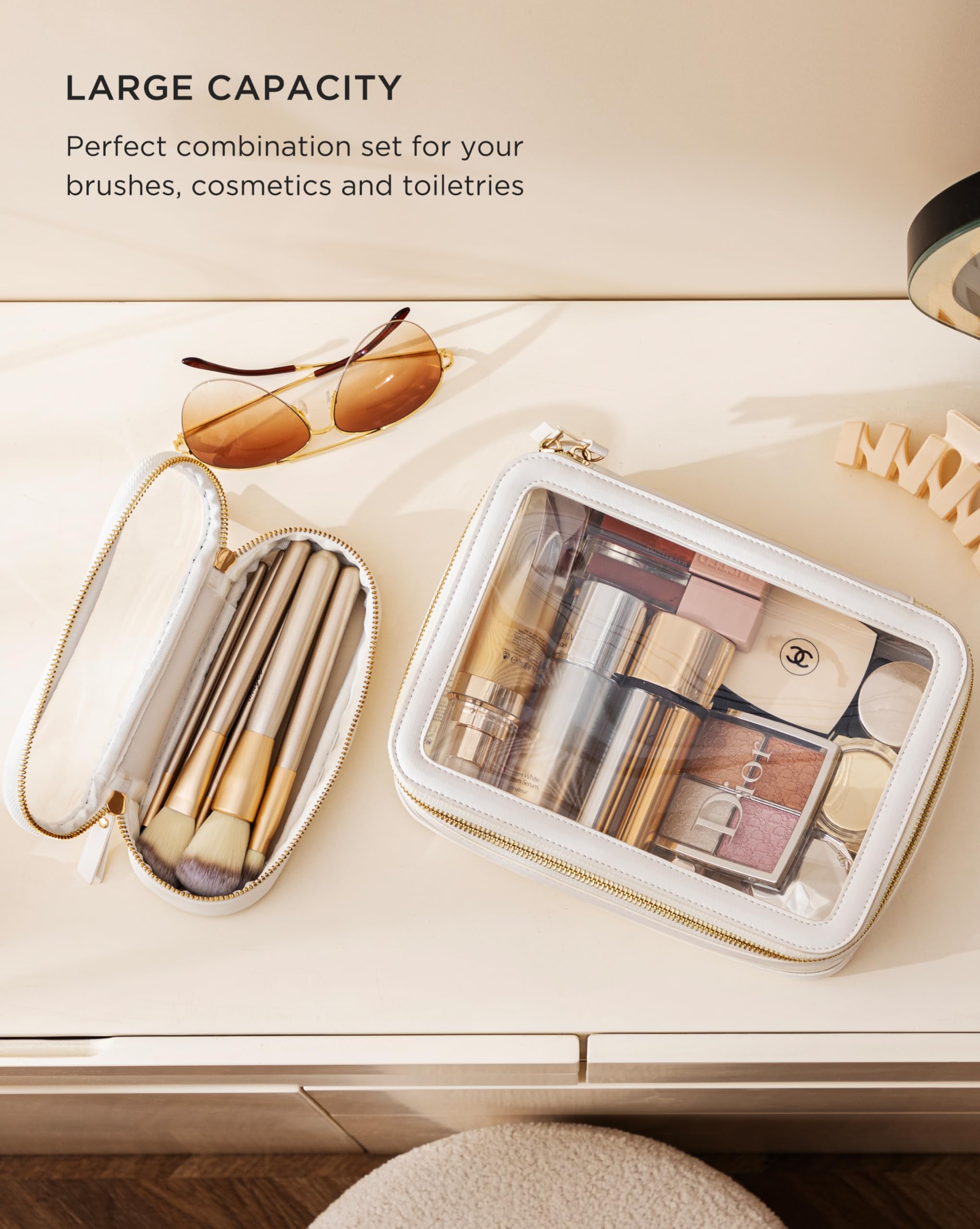 HBlife Travel Clear Makeup Bag with Makeup Brush Bag, Portable Toiletry Cosmetic Bag for Women, Make Up Bag Makeup Case Organizer Transparent Waterproof Storage Bag Pouch with Handle(White)