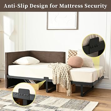 Twin Upholstered Daybed Frame with Storage, Brown Corduroy Corner Sofa Bed