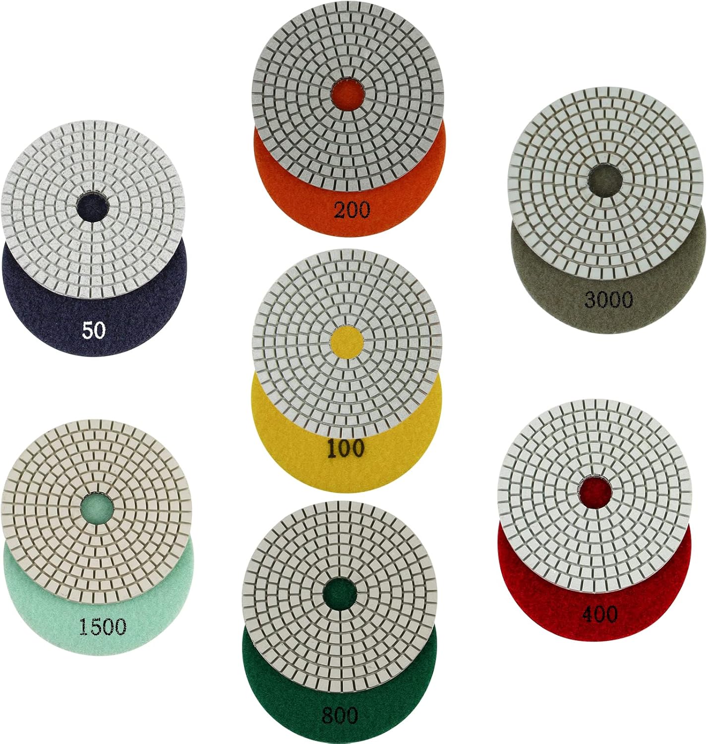 GoYonder 4 Inch Wet Diamond Polishing Pads Set of 7pcs, Stone Granite Polish Pad Kit for Grinder, Polisher, Drill, 105mm Marble Polishing Pad in 7 Steps (Wet Polished pad-7 Steps)