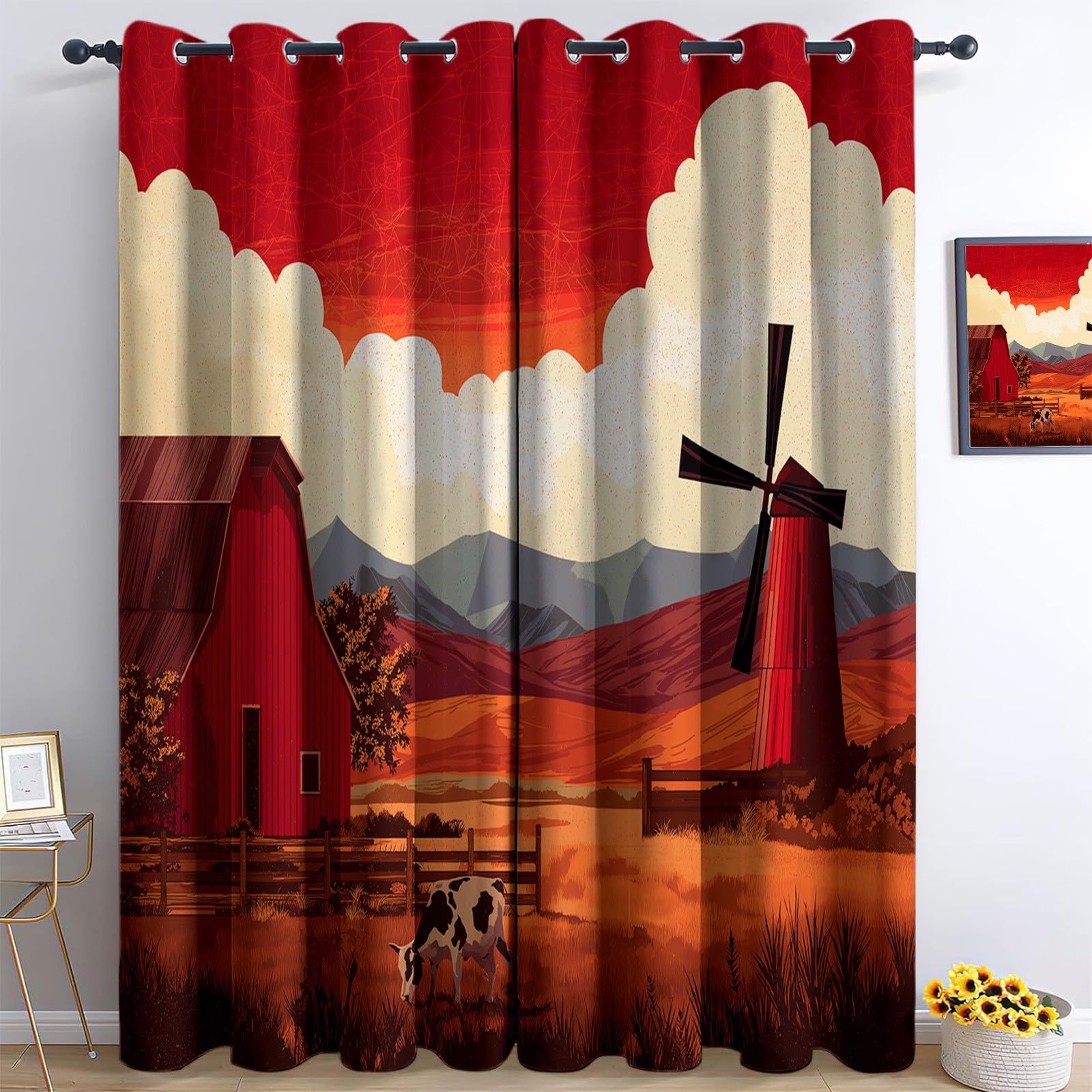 Genérico Granero Rojo Molino de Viento Cortinas Opacas térmicas Que bloquean la luz, Estilo Rural Cortinas Opacas con Ojales para Dormitorio y Sala de Estar 140 x 260 cm (2 Paneles)