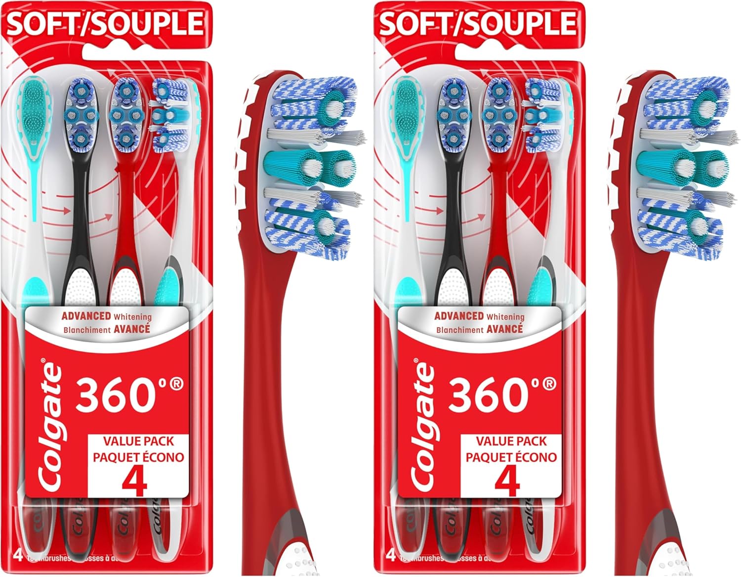 Colgate 360 Advanced Whitening Soft Toothbrush Pack, 4 Adult Soft Toothbrushes with Cheek and Tongue Cleaner, Helps Clean Your Teeth, Tongue, Cheeks, & Gums, 4 - Pack (Pack of 2)