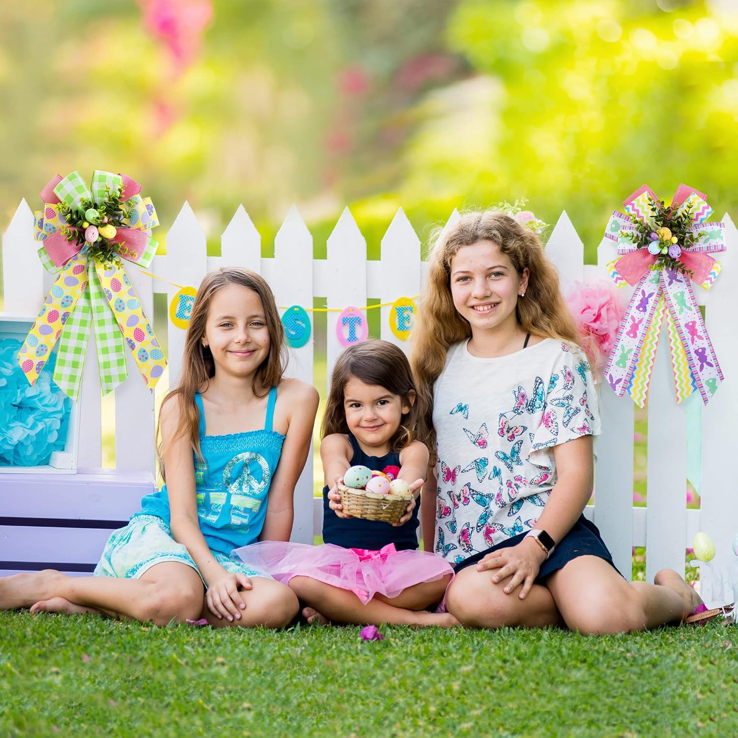 2 Pack Large Easter Wreath Bows, 12 x 20 Colorful Spring Easter Basket Bows with Easter Eggs and Bunny Rabbit Pattern, Multilayer Burlap Tree Topper Bows for Wreath Decoration Front Door Wall Decor