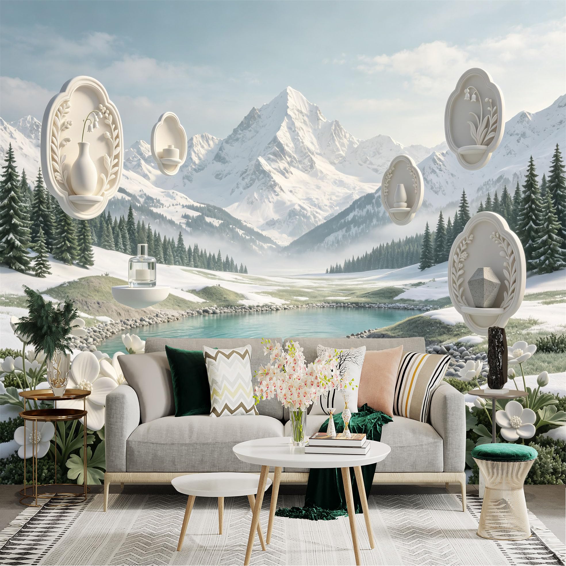 Lnzczhyre Bh260719126 Custom Size Wall Sticker Mural， Snowy Mountain Peak， Serene Frozen Lake， Floating Aesthetic Frames， White Floral Meadow， For Wall Decoration， Peelandstick Wall Decals.