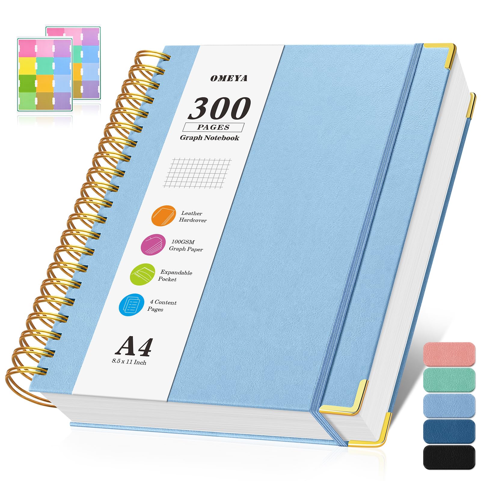 A4 Graph Paper Notebook, Spiral Grid Squared Notepad, Hardcover Leather Journal 300 Pages, 100GSM Thick Grid Paper Notebook