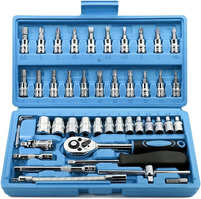 Egofine 46 Pieces 1/4 inch Drive Socket Ratchet Wrench Set, with Bit Socket Set Metric and Extension Bar for Auto Repairing and Household, with Storage Case
