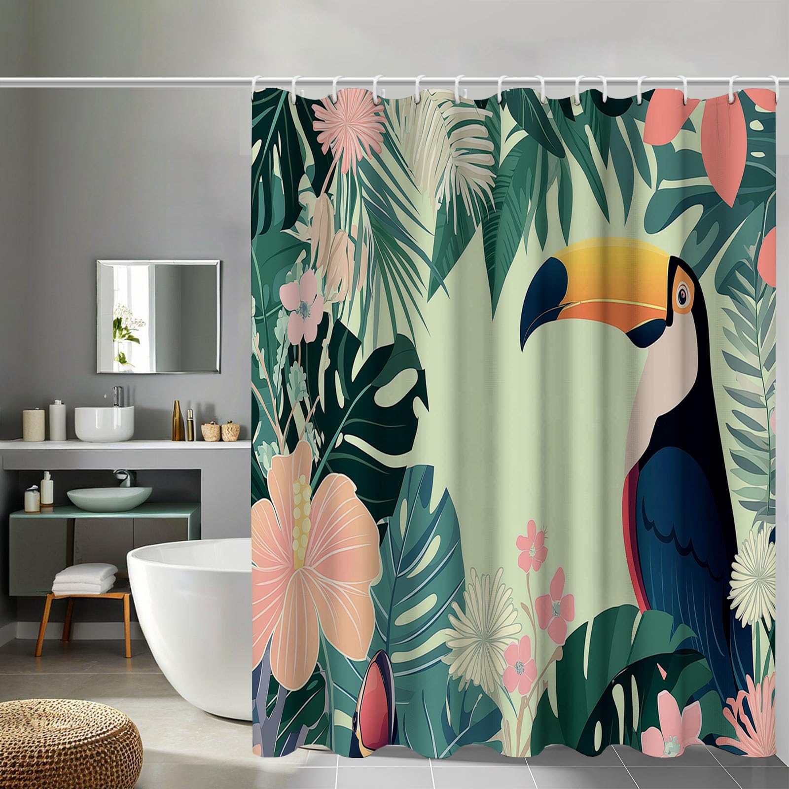 Rideau de douche toucan pour une ambiance bohème chic et nature