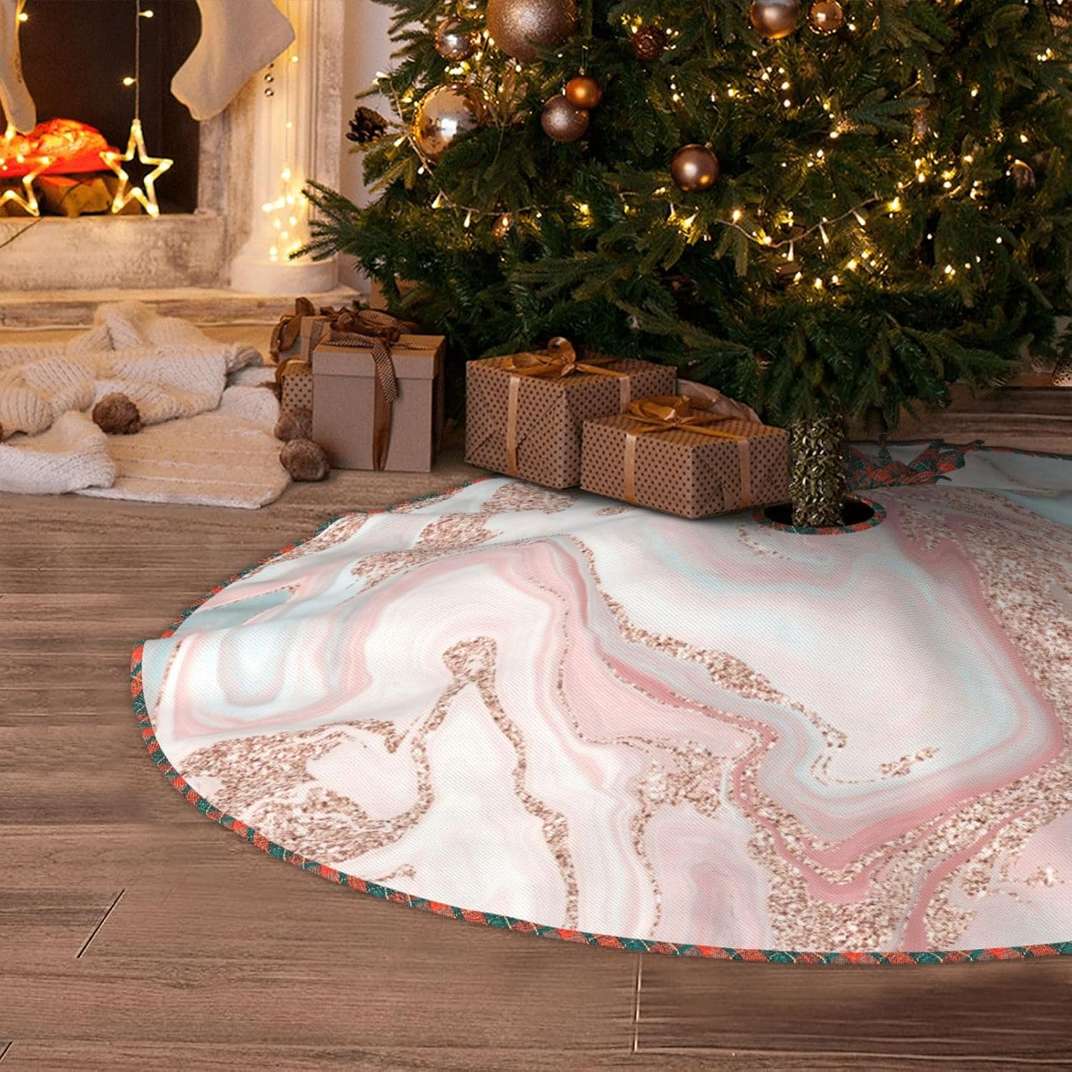 Rose Gold Glitter Coral Gray Pastel Marble Christmas Tree Skirt 30 Inches Grid Edging Tree Skirt, Small Rustic Tree Mat for Merry Farmhouse Decor Xmas Holiday Home Party Decorations Indoor Outdoor