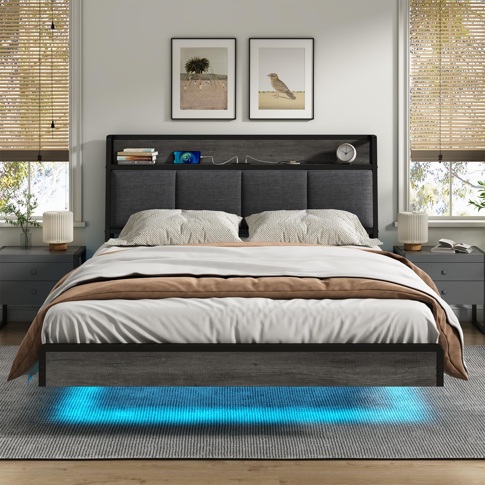 KIMENICH Bett 140 x 200, Bett mit LED-Beleuchtung, Polsterbett 140x200, Schwebender visueller Effekt, Ladestation, Bettgestell mit Lattenrost, für Schlafzimmer, Gästezimmer, Leinenstoff Grau