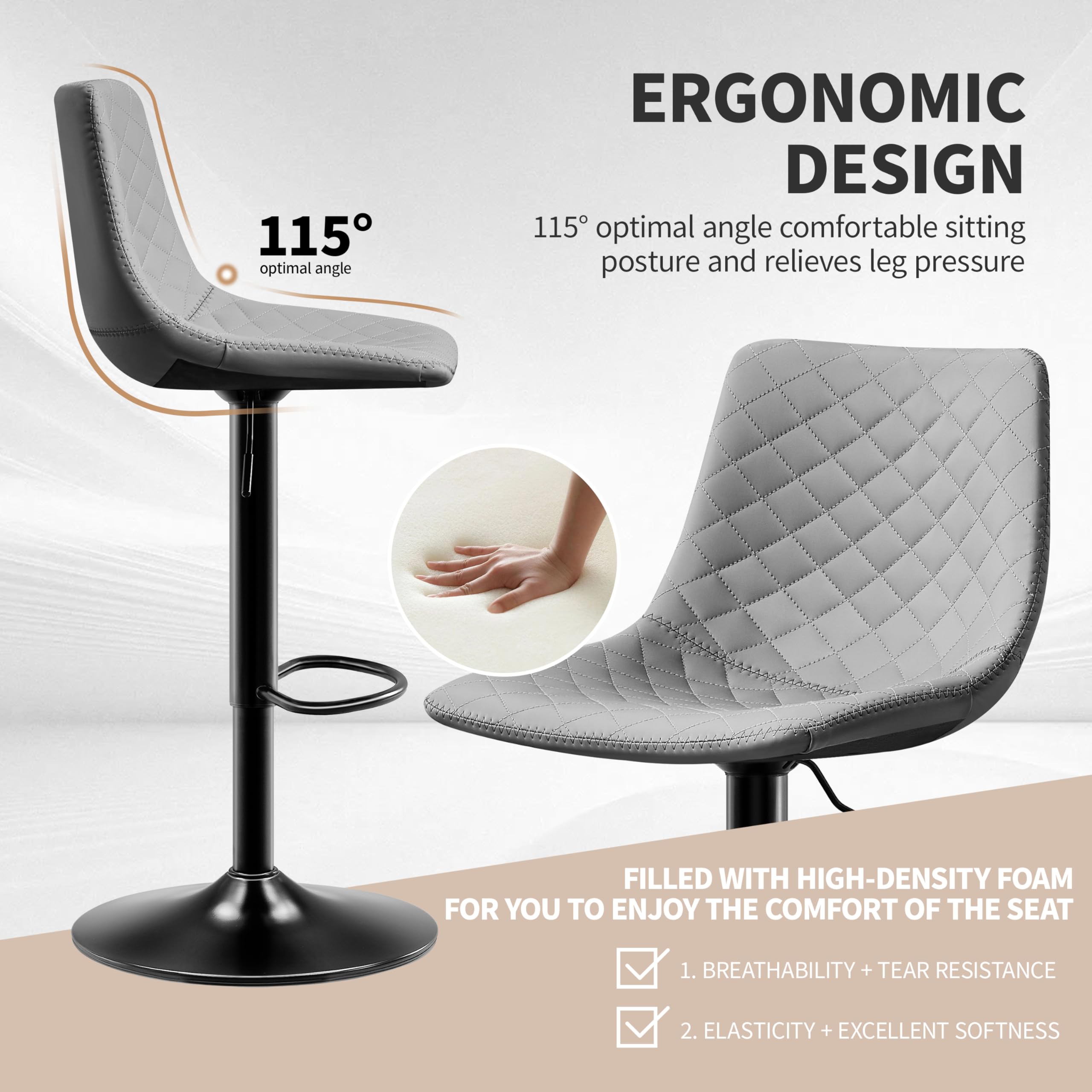 STOOLINK Chaise de Bar Lot de 2 Tabouret Bar avec Cuir Microfibre, Siège Bar Réglable pour Cuisine Chaises Bar avec Repose-Pieds pour 150kg, Convient pour Salle à Manger, Bar-Gris