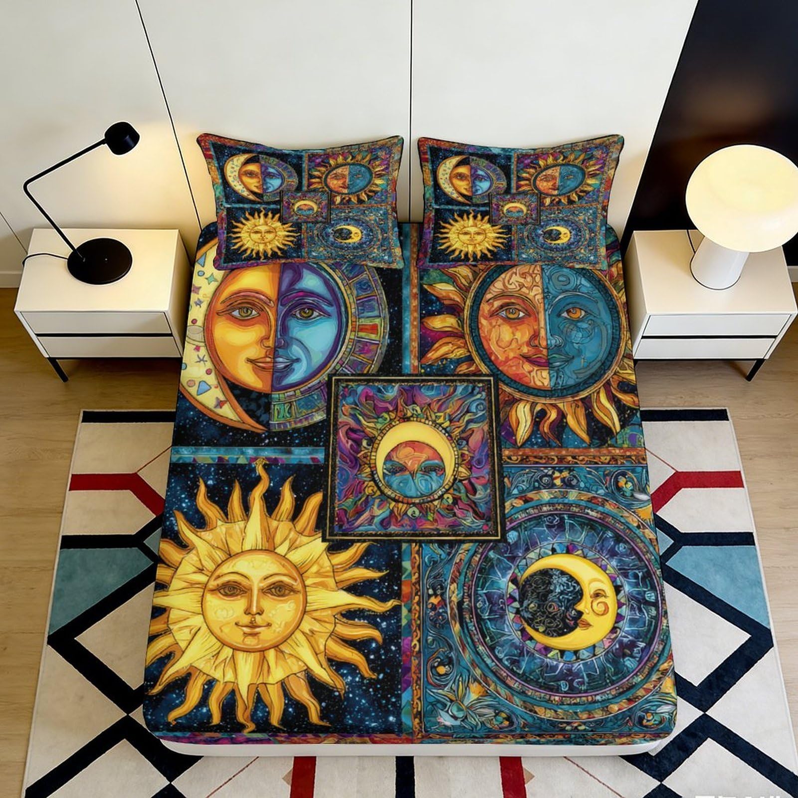 3D Printed Sun Moon Fitted Sheet Microfiber Deep Pocket Bedroom Bedding Celestial Mattress Fitted Cover Elastic Hem Washable 160x200x25cm