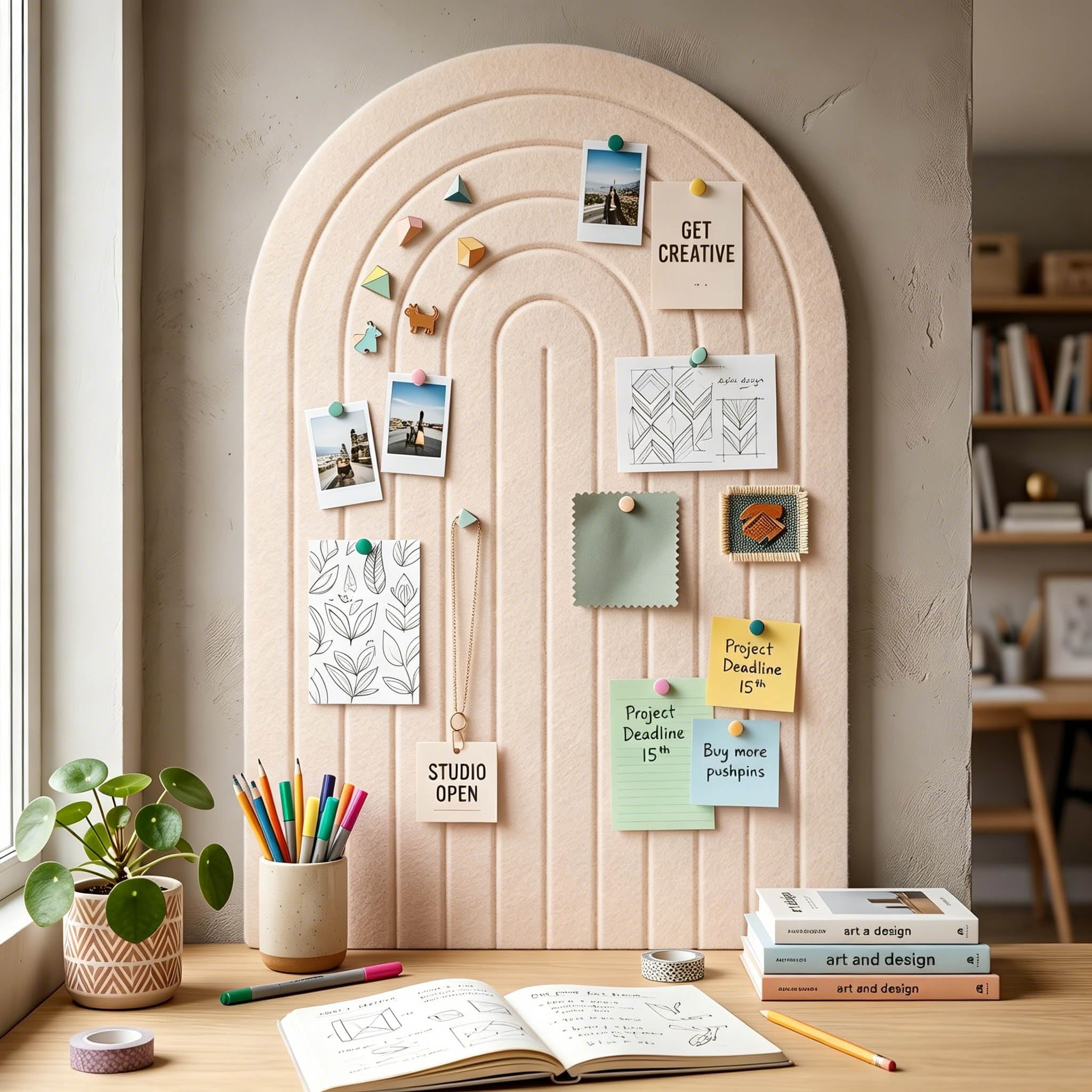 AYES Arched Felt Bulletin Board, 90x60cm 3D Textured Modular Pin Board, 0.9cm Thick Self-Adhesive Memo Board with 30 Push Pins, Felt Wall Tiles for Home Office Kitchen School for Photos Memos, Pink