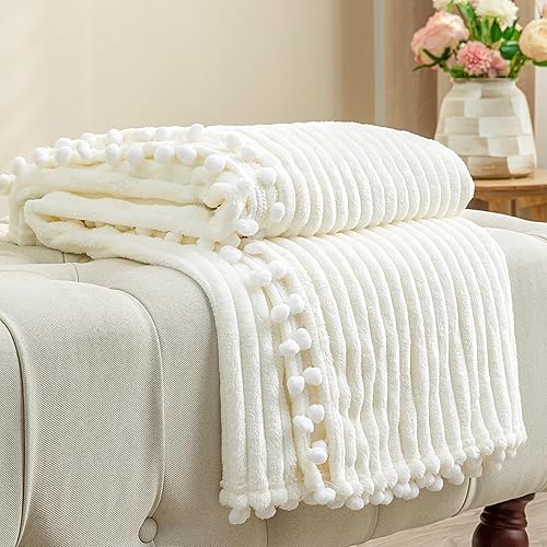 BEDELITE Manta de forro polar a rayas con borlas blanca 50x60