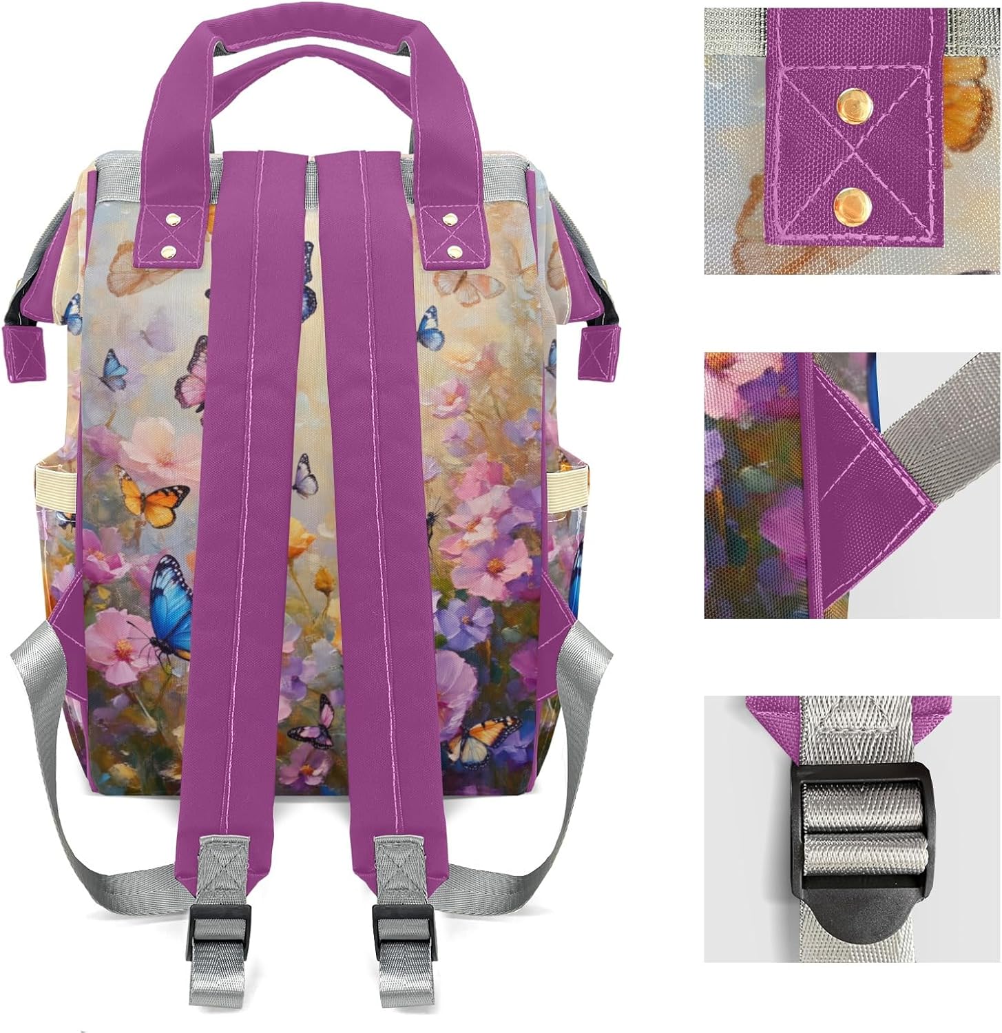 XOZOTY Mommy Nursing Bag with Custom Personalized Name, Multifunctional Colorful Fuchsia Floral Butterfly Diaper Bag, Gift Backpack for Picnic Travel Vacation