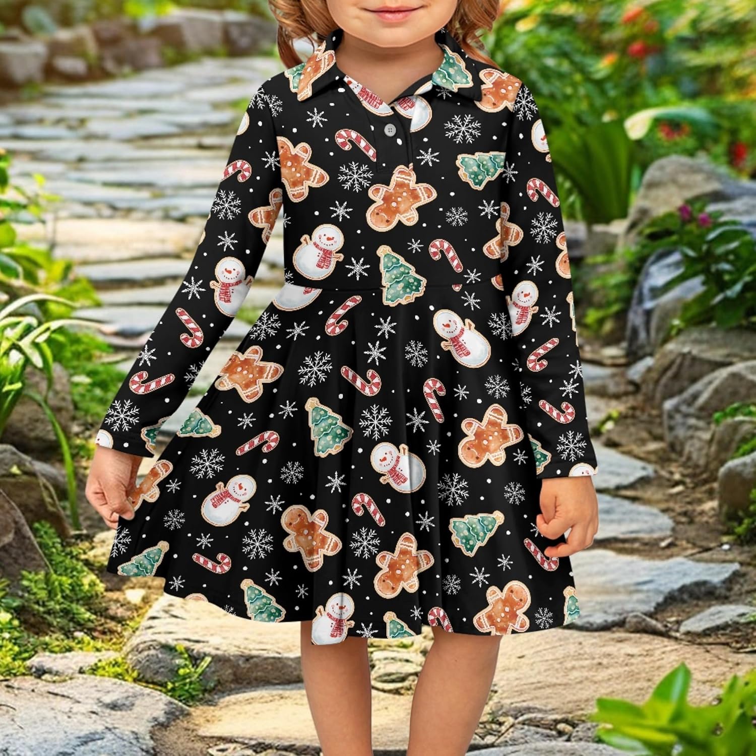 AmzPrint Long Sleeve Christmas Polo Dress for Little Girls Peter Pan Collar Regular Fit Printed Midi Smocked Dress for Girls