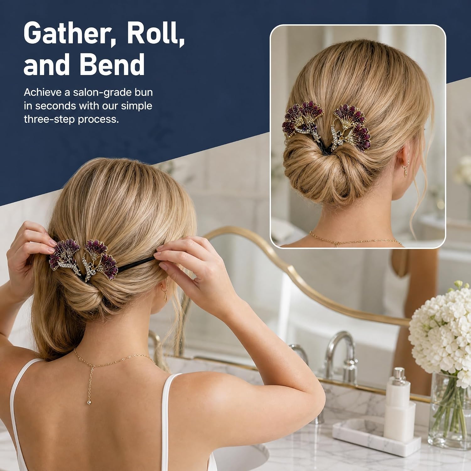2PCS Hair Disk Bun Maker Crystal French Twist Hair Curler Ginkgo Leaf Hair Accessories for Women