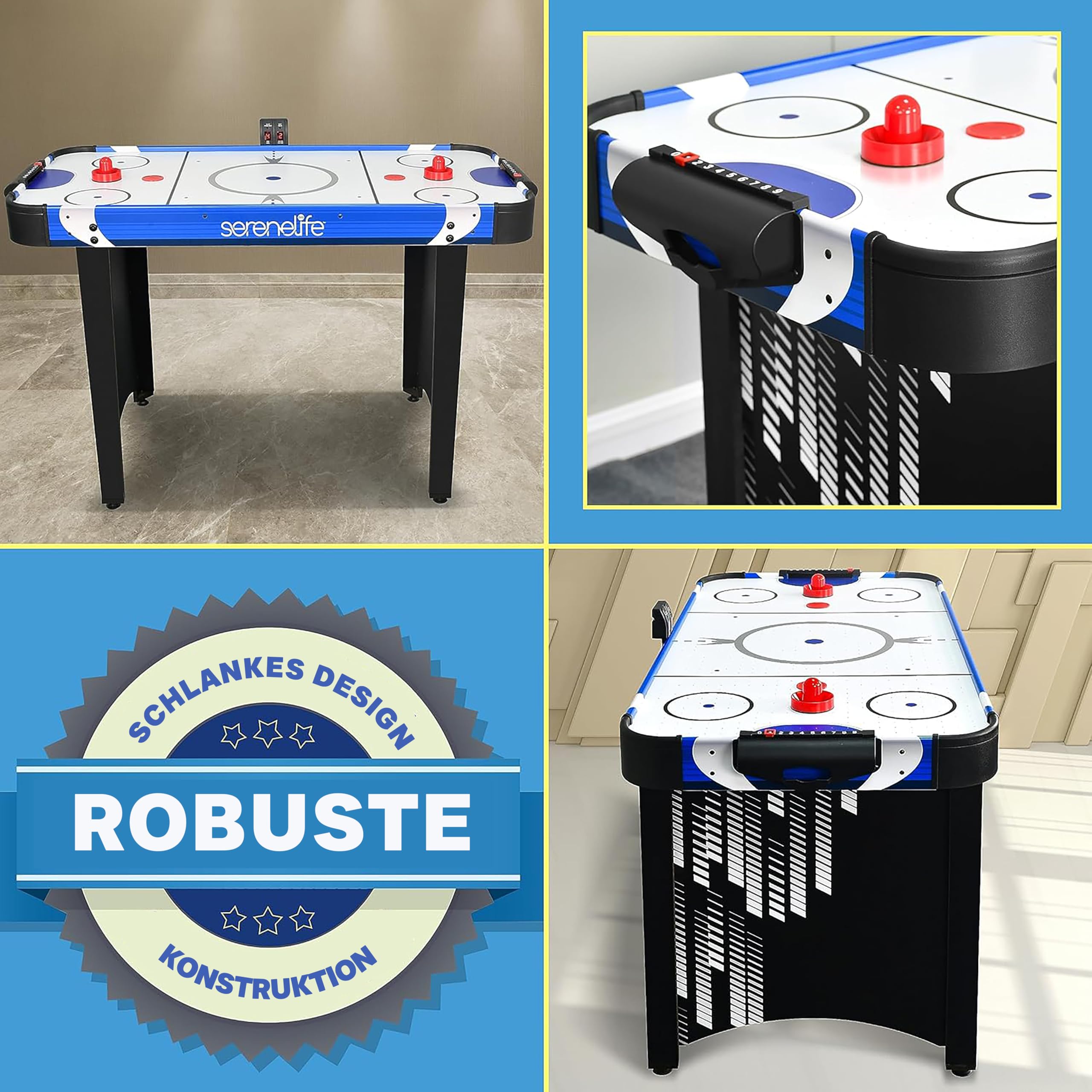 SereneLife Airhockey Tisch mit Luft – Air Hockey Spieltisch ideal als Gamer Tisch – Tischhockey für lustige Tischspiele mit Airhockey Pucks & Schieber – Robuste Air Hockey Tische Kinder & Erwachsene