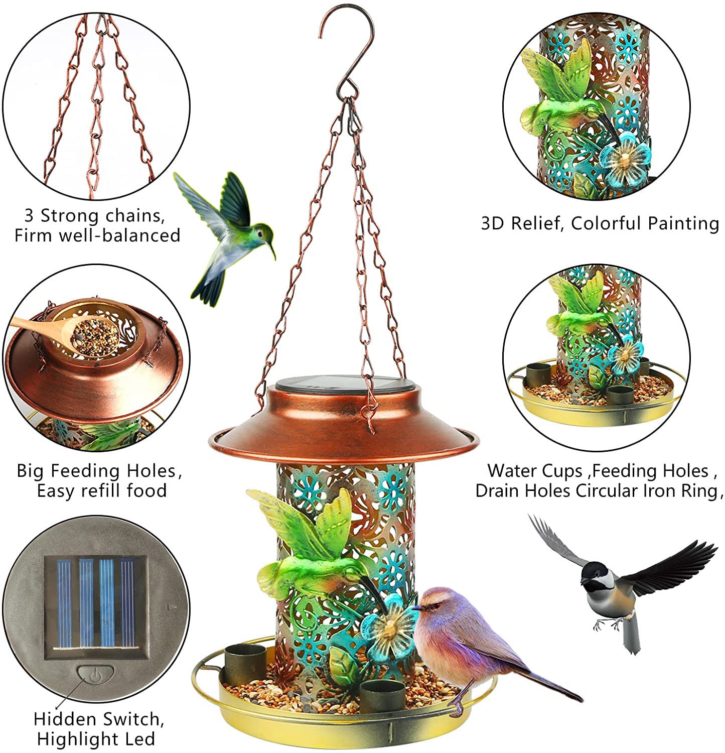Mangiatoia solare per uccelli per esterni, in metallo resistente, da appendere, con luce per giardino, cortile, esterno, regalo decorativo a forma di lanterna unica