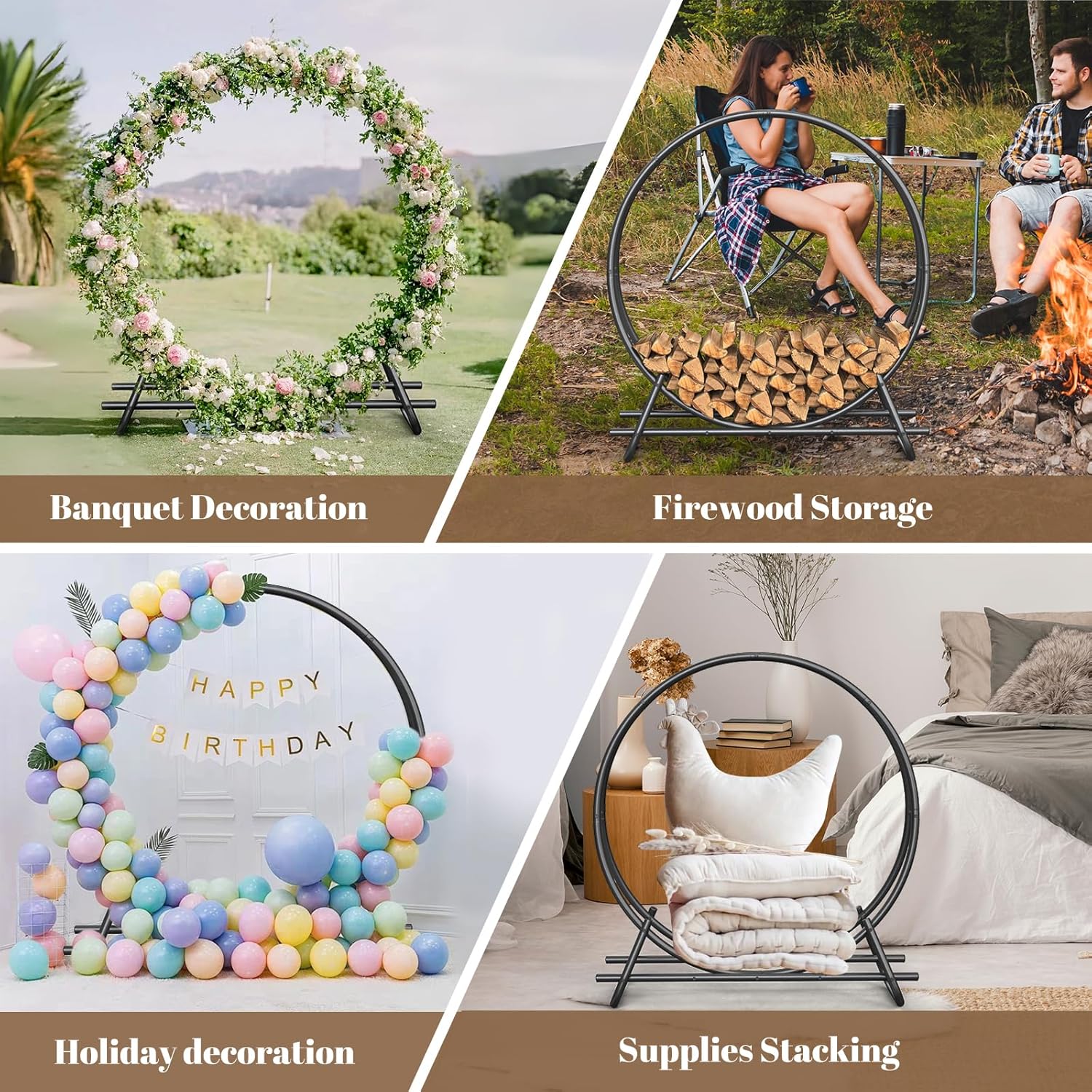 Outdoor Firewood Circle Rack- Metal Pipe Ring,Sturdy & Durable Firewood Holder for Indoor/Outdoor Use,Space-Saving Design for Fireplace,Campfire or Backyard Storage (40 inch diameter circle)