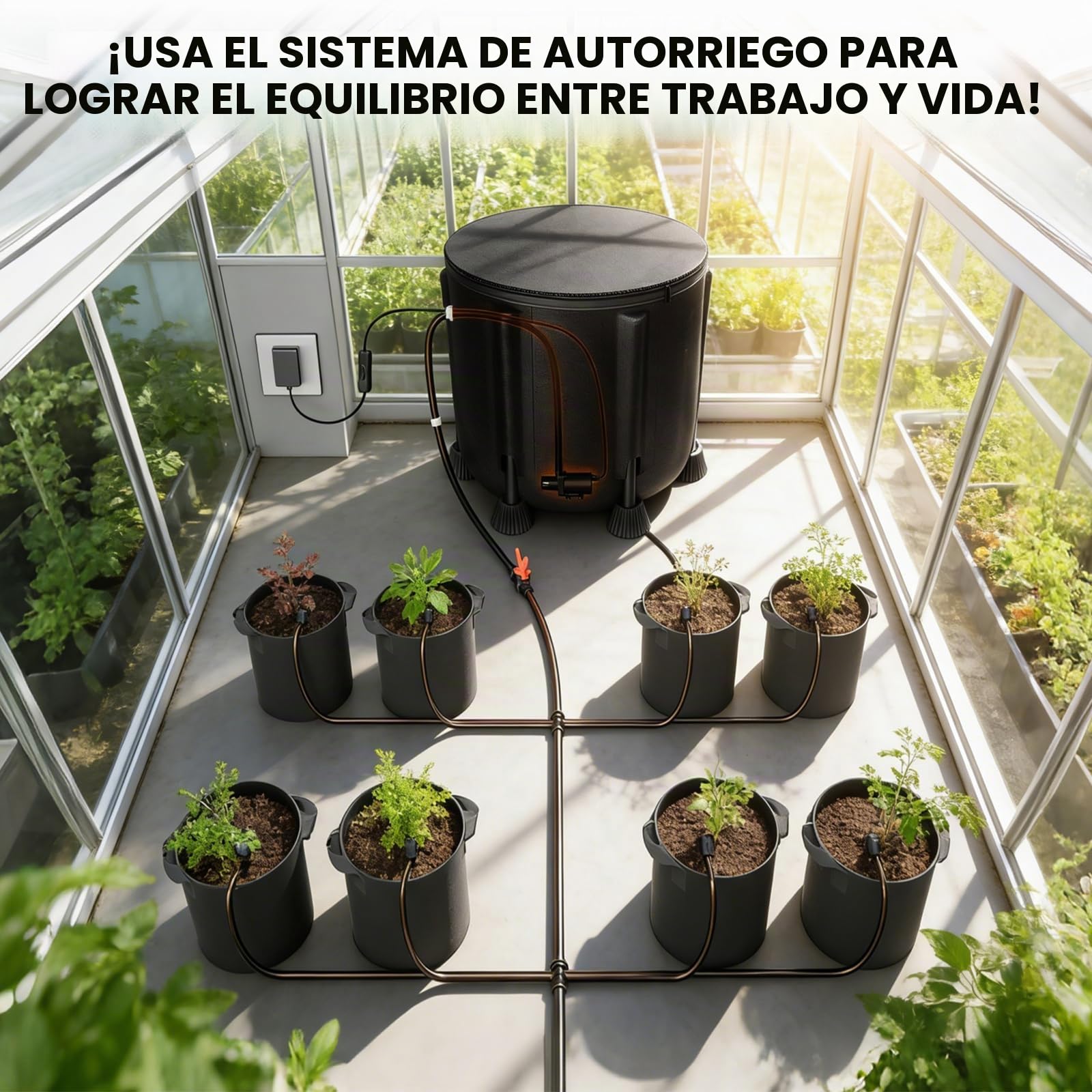 Sistema de riego automático con cubo plegable 50L y bomba de 25W | Con 8 boquillas de goteo y modos automático o manual, ideal para jardín, patio, invernadero y plantas