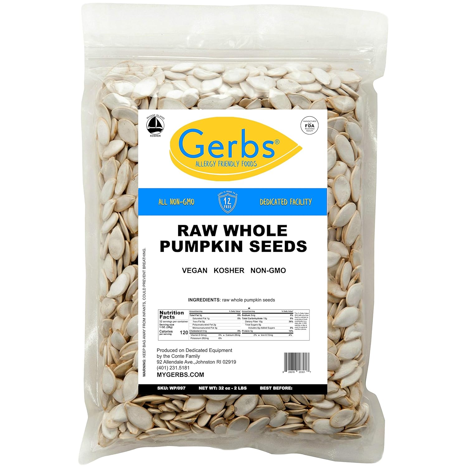 Gerbs Raw Whole Pumpkin Seeds 2 lbs. | In-Shell, 10.5 mm Size, Resealable Bag | Mildly Nutty & Crunchy | Top 14 Allergen-Free