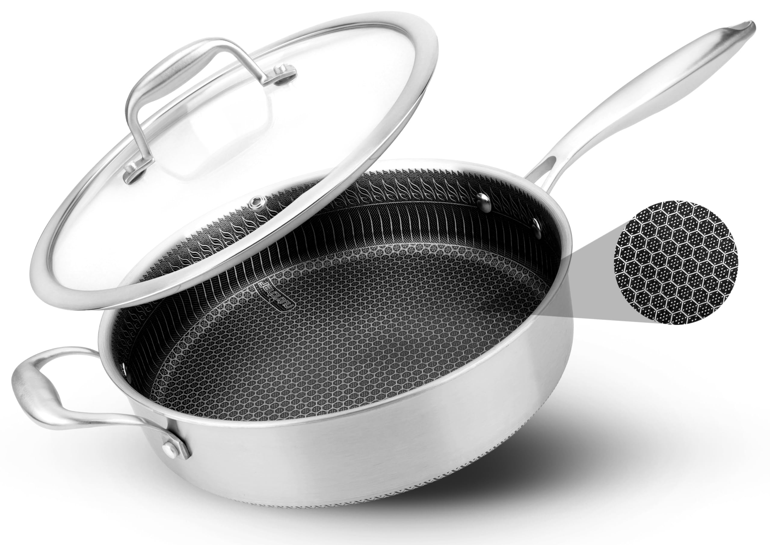 Nutrichef cazuela profunda de 3.2L, Con tapa, Acero inoxidable, Para saltear, Textura tipo panal resistente a rayones, Apta para horno e induccion, Antiadherente