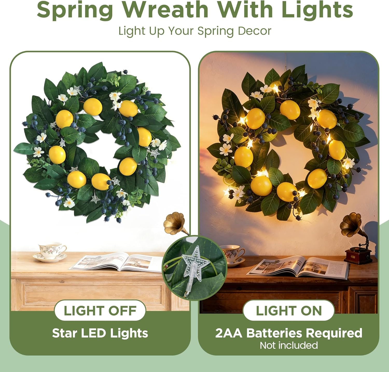 18" Spring Summer Wreaths for Front Door, Artificial Lemon Wreath with LED Star Lights & Timer,Berries & Greenery, Indoor & Outdoor Farmhouse Home Decor