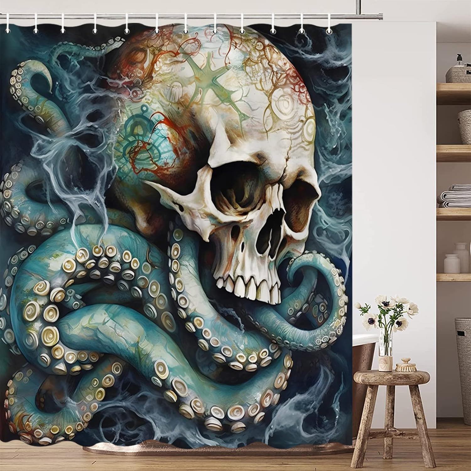 Octopus Shower Curtain Skull Teal Sea Animals Kraken Tentacle Horror Theme Nautical Funny Halloween Abstract Ocean Bathroom Curtains with Hooks